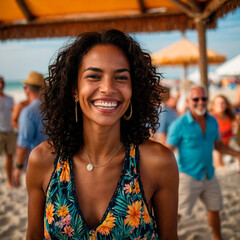 Happy Black Woman at a Summer Beach Celebration