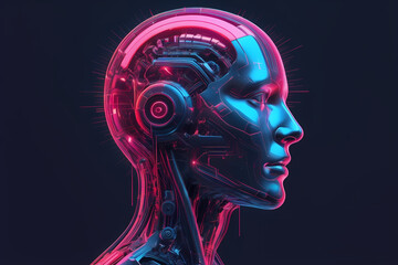 humanoid robot head representing artificial intelligence, with colorful digital elements symbolizing futuristic technology and innovation