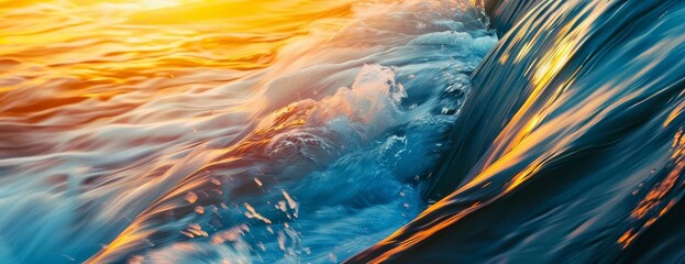 Close-up of a wave crashing, creating a beautiful abstract pattern with blue and golden hues. - Powered by Adobe