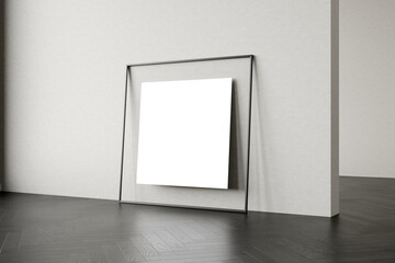 Minimalistic scene with a blank white canvas inside a frame leaning against a plain wall in a room with wooden flooring, 3d render.
