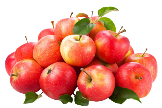 Bunch of Ripe red Apples with leaves isolated on background, Juicy autumn season fruit, fresh tasty and delicious apples.