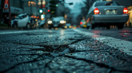 The cracked asphalt of an empty street has blurred cars and people in the background, the ground marked by large cracks.