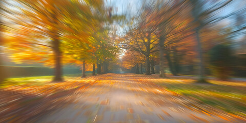  a road surrounded by trees with yellow and orange leaves during autumn trees are in a park setting photo appears to have motion blur applied