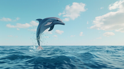 A dolphin is leaping out of the water. Concept of freedom and joy, as the dolphin soars through the air. The blue ocean and sky in the background add to the feeling of vastness and openness