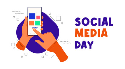 social media day, with illustration display holding smart phone. Design with the concept of celebrating social media use day via smartphone. internet and technology