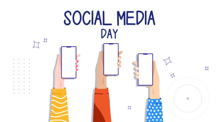 social media day, with illustration display holding smart phone. Design with the concept of celebrating social media use day via smartphone. internet and technology