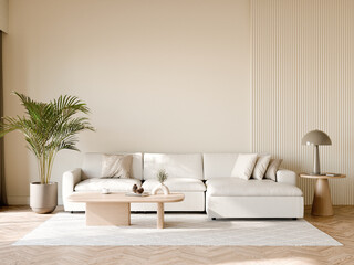A cozy and modern living room featuring a minimalist design with a white sectional sofa, wood accents, and indoor plant, 3d render.
