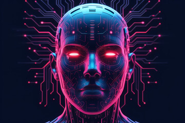 humanoid robot head representing artificial intelligence, with colorful digital elements symbolizing futuristic technology and innovation