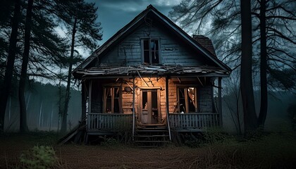 Obraz premium Eerie Abandoned House in the Woods: A Perfect Horror Scene