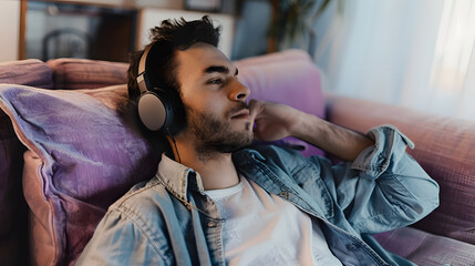 Fototapeta premium A man listening to music at home
