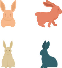 Set of four adorable and colorful cartoon rabbits in different poses isolated on a white background