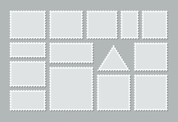 Obraz premium Post stamps collection. Postal shapes border. Paper postmarks isolated on background. Empty stamps set. Blank frames for mail letter. Postage perforated templates. Vector illustration. Flat design.