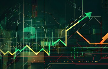 A graph showing an up trending line with green and red color blocks, set against a backdrop of dark grey bars and lines representing financial data, all on top of a flat rock surface. The background i