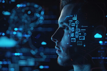 A closeup shot of male face with digital data flowing around him in an array of holographic icons