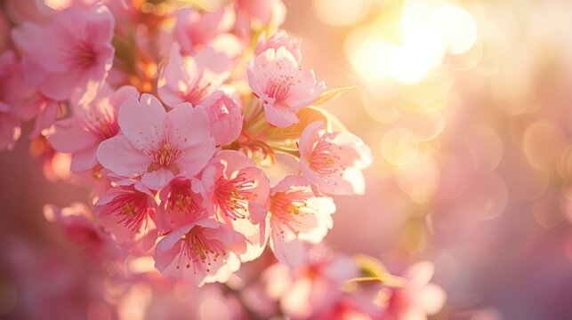 Admiring pink cherry blossoms on a spring day with sunlight illuminating the blooms on the tree s branches