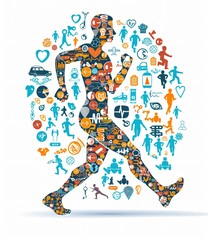 Artistic silhouette of a runner composed of various health, fitness, and lifestyle icons on a white background, symbolizing an active lifestyle