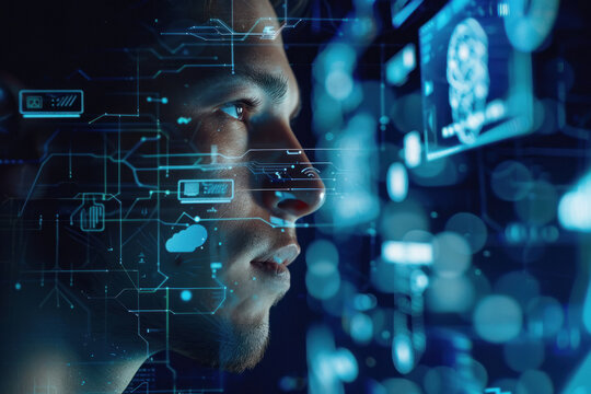 A closeup shot of male face with digital data flowing around him in an array of holographic icons