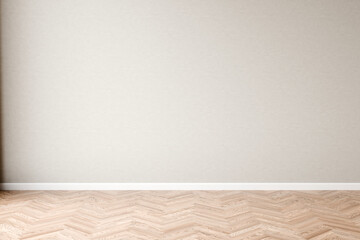 Minimalist corner of an empty room with a textured wall and stylish herringbone pattern wooden floor, 3d render.