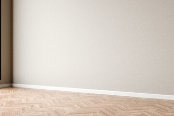 Minimalist corner of an empty room with parquet flooring and textured beige walls, 3d render.