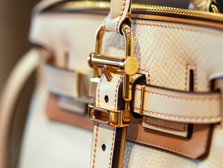 A stylish handbag with gold accents, seen up close against a white background.