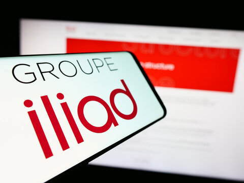 Stuttgart, Germany - 05-23-2024: Smartphone with logo of French telecommunications company Iliad SA in front of business website. Focus on center-left of phone display.