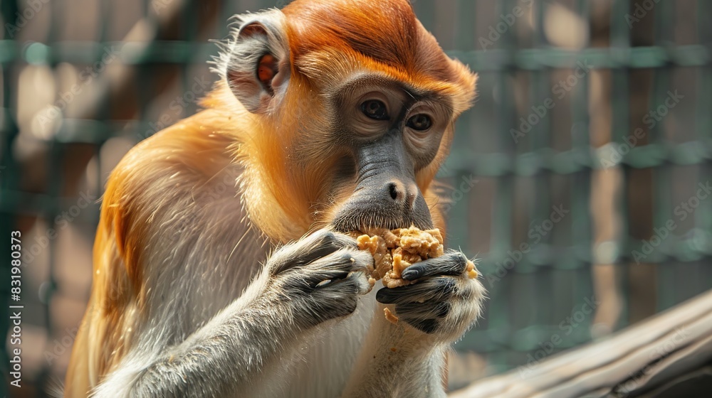 Wall mural close up of proboscis monkey eating . generative ai