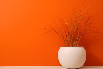 Potted plant on an orange wall background, atop a white table top in a closeup view, with green grass in the pot, in the minimalist style, with a simple composition, in the style of minimalist