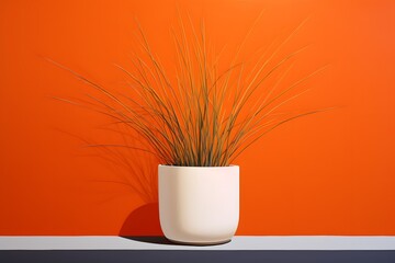 Potted plant on an orange wall background, atop a white table top in a closeup view, with green grass in the pot, in the minimalist style, with a simple composition, in the style of minimalist