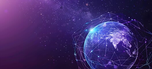 Obraz premium 3D rendering of the Earth with purple and blue colors on a dark background, a digital backdrop products or social media banner templates. A globe surrounded by glowing connection lines