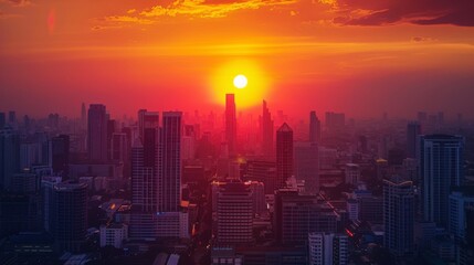 Fototapeta premium Cityscape with big sun and sunset on center between building