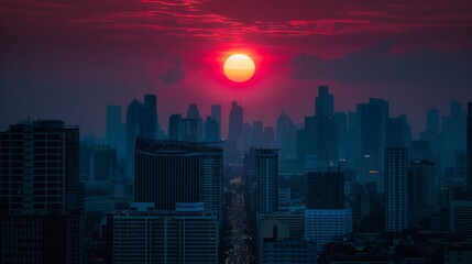 Fototapeta premium Cityscape with big sun and sunset on center between building