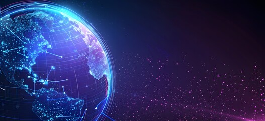 Obraz premium 3D rendering of the Earth with purple and blue colors on a dark background, a digital backdrop products or social media banner templates. A globe surrounded by glowing connection lines