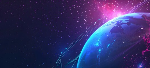 3D rendering of the Earth with purple and blue colors on a dark background, a digital backdrop products or social media banner templates. A globe surrounded by glowing connection lines