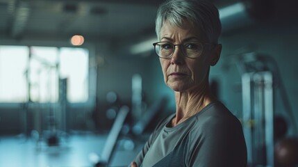 Confident Mature Woman Standing in a Gym During Evening Workout Session