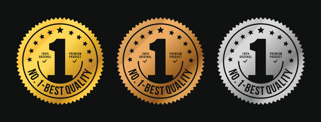 No. 1 Best Quality label, circle with silhouette of number 1 vector label in gold, bronze and silver. suitable for icon, logo, sticker, seal, badge, emblem, stamp, etc.