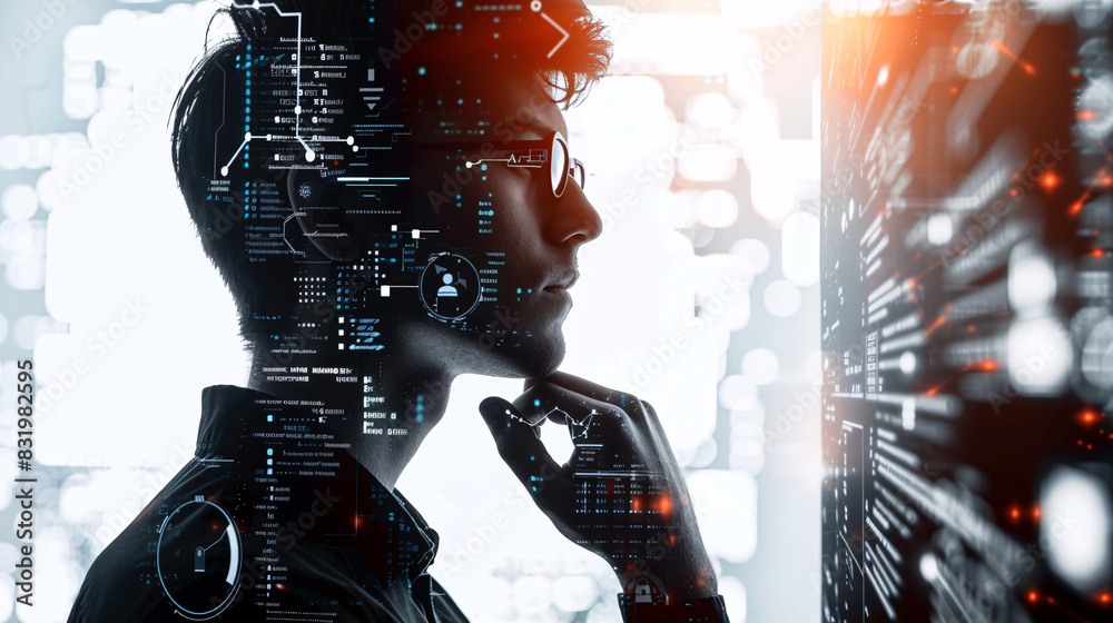 Poster it expert analyzing machine learning data on a futuristic screen with space for your text