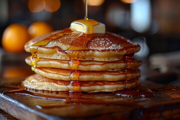 Pancakes - Fluffy stack of pancakes topped with butter and maple syrup. 