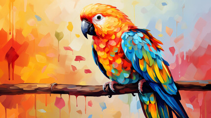 Fototapeta premium Bright and colorful parrot illustration on a branch with clean background.