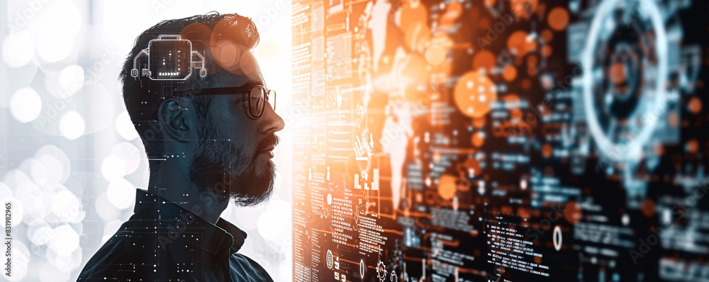Poster data scientist coding in a modern office environment with space for your message
