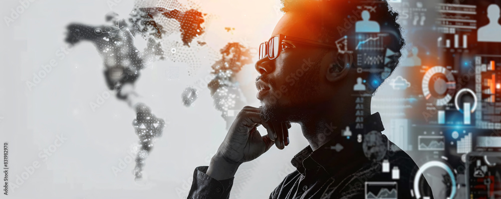 Poster data scientist coding in a modern office environment with space for your message