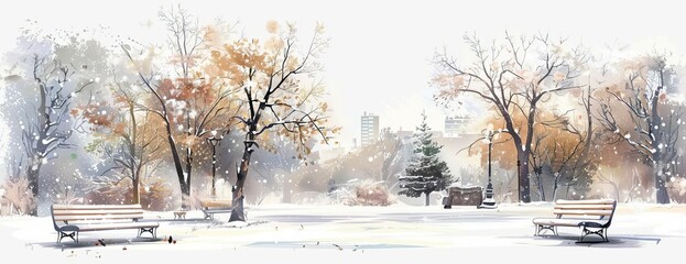 Charming city park in wide-angle view, gently falling snow, serene wintry atmosphere, snow-covered trees and benches, digital painting with soft pastels