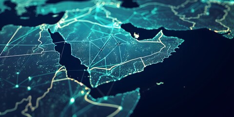  Digital map of the Middle East, highlighting global network connections and data flow between cities across multiple countries, with an emphasis on digital connectivity within Eastern Europe. 