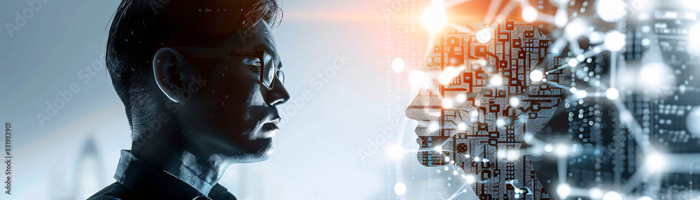 Poster data scientist utilizing cutting-edge technology for ai development with a designated text area