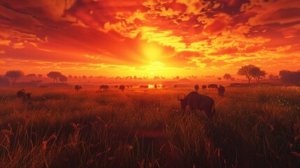 In the savannah herds of majestic animals roam freely as the sun sets in a blaze of orange and red. You can feel the vastness of the open plains and the warmth of the setting sun on