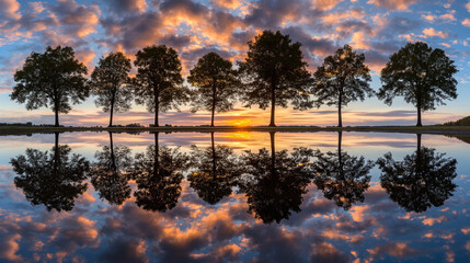 Row of trees mirrored in the lake at sunset, AI-generated.