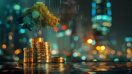 double exposure of golden coins stacks on table with tree growing on top and blur city night