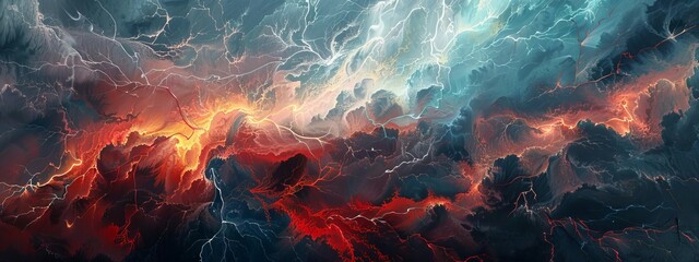 Abstract painting of vibrant colors and lightning in the clouds.