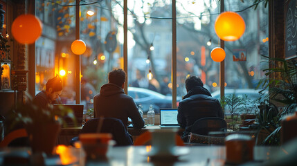 real people are present inside the office and they are working on laptops. They should be business professionals, and the image should be slightly blurry