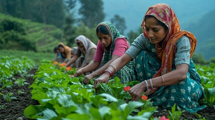 indian women working in the field in the countryside