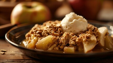 Delicious apple crumble dessert with ice cream
